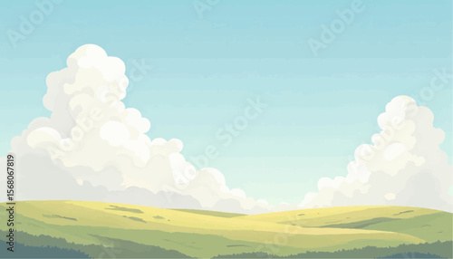 Scenic Green Hills and White Puffy Clouds Under Light Blue Sky Illustration