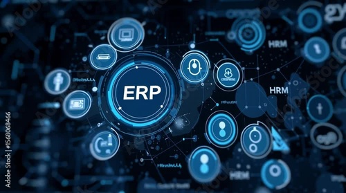 ERP software business operation. Integration strategy. Database performance. ERP interface showcasing CRM and HRM integration features.
