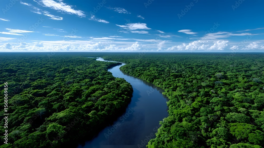 Obraz premium Lush green forest with a winding river in the distance