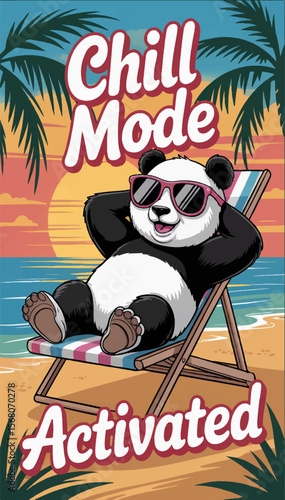 The illustration shows a cartoon panda lying on a chaise longue and relaxing under palm trees on the seashore. Vector graphics. EPS.