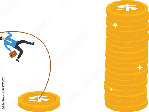 Business Financial Goal Concept Businessman Pole Vaulting to Success with Dollar Coins Investment Strategy,financial success, business, investment, goal,