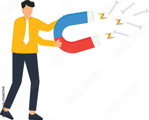 Business Man Attracts Success with Magnet Illustration, Concept of Attraction, Marketing, Lead Generation, Customer Acquisition, Sales, and Growth