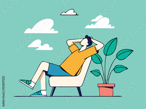 Man relaxing armchair. Young man relaxing in armchair, sitting. Vector illustration. 