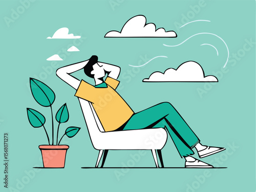 Man relaxing armchair. Young man relaxing in armchair, sitting. Vector illustration. 