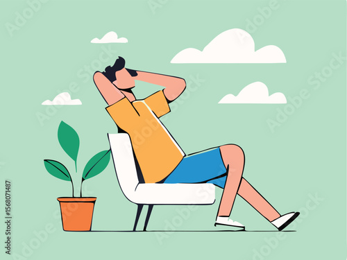 Man relaxing armchair. Young man relaxing in armchair, sitting. Vector illustration. 