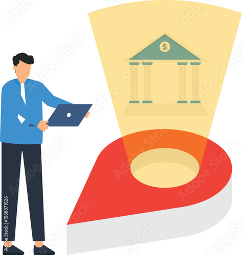 Financial Technology Illustration: Businessman with Laptop Locating Bank Branch, Fintech, Banking App, Financial Services, Location Pin