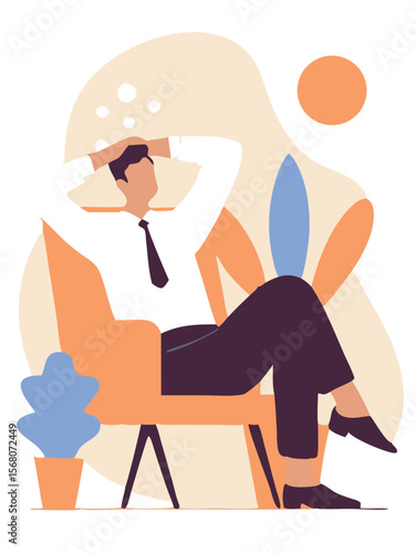 Man relaxing armchair. Young man relaxing in armchair, sitting. Vector illustration. 