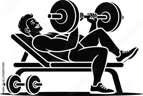 Man lifting barbell on bench press machine silhouette isolated on transparent background