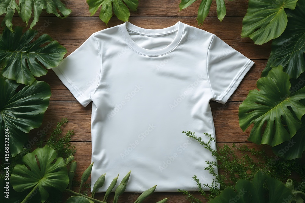 A neatly folded white T-shirt with a botanical design, placed flat among tropical greenery on a wooden background A neatly folded white T-shirt with a botanical design, placed flat among tropical greenery on a wooden background