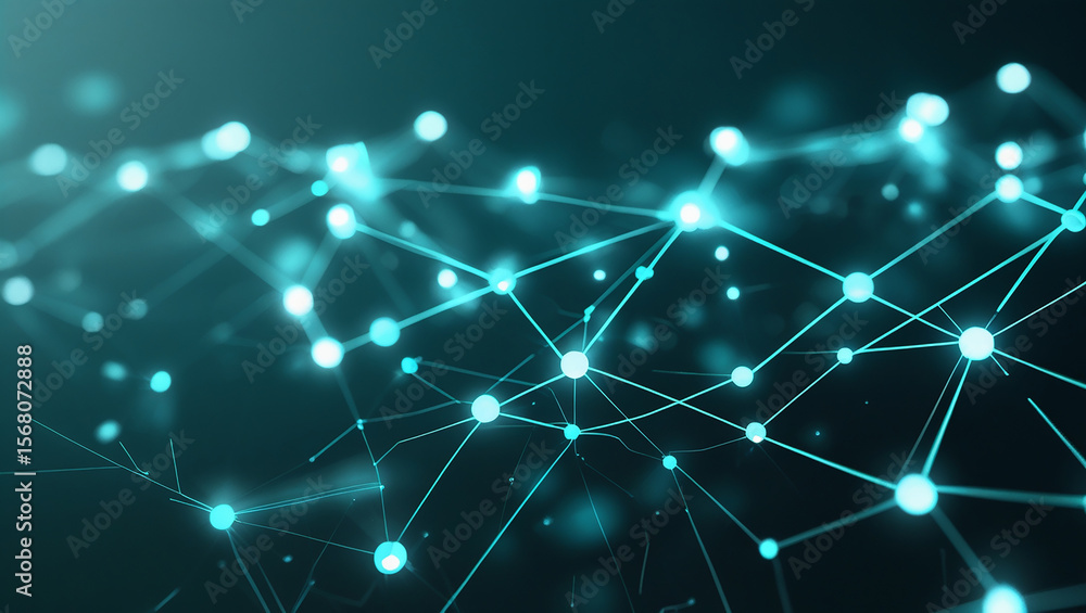 Obraz premium Abstract glowing network of interconnected nodes and lines in deep blue