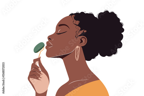 African woman using jade roller on cheeks and chin, gentle facial massage, elegant self-care style vector illustration