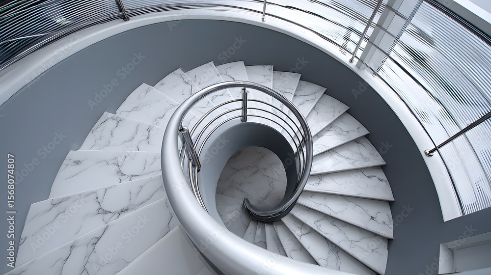 Fototapeta premium Elegant spiral staircase with marble steps and geometric design.