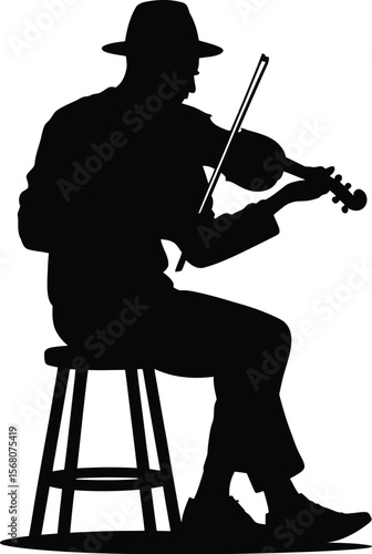 Man wearing a hat playing the violin sitting on a stool silhouette isolated on transparent background