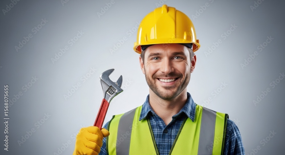 Smiling caucasian male engineer holding wrench wearing safety gear Smiling caucasian male engineer holding wrench wearing safety gear