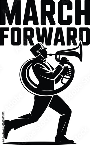 Marching band musician playing sousaphone silhouette isolated on transparent background