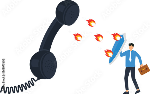 Business Protection Concept Businessman Shielding from Phone Call Threats Digital Security Firewall Data Breach Prevention Cyber Attack Insurance