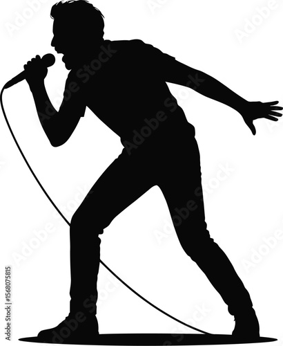 Male singer performing with microphone silhouette isolated on transparent background
