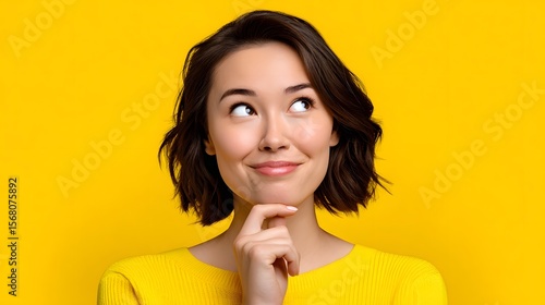 Smiling woman with brown hair looking thoughtfully against a yellow background.