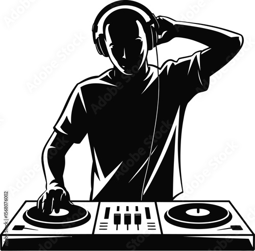 Dj playing music with headphones and turntable silhouette isolated on transparent background