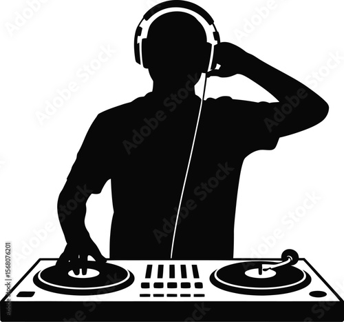 Dj silhouette with headphones playing turntables isolated on transparent background
