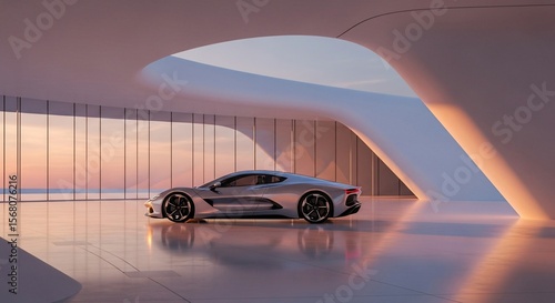 Sleek Silver Car in Futuristic Garage