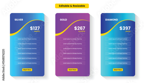 Pricing or subscription plan ui web elements. Website marketing or promotion interface template. Product comparison or subscription table. Price table concept vector design. 