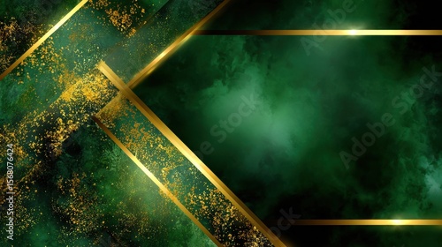 A green background with gold lines and gold glitter