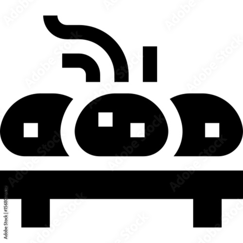A black glyph icon of three hot, steaming dango dumplings resting on a small traditional serving stand.