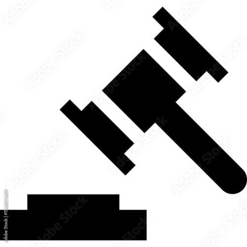 A minimalist black icon of a judge's or auctioneer's gavel poised to strike a sounding block.