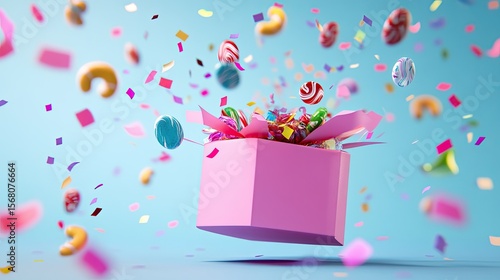 Pink gift box overflowing with colorful candies and confetti.
