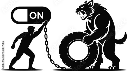 Man pulling chain to activate wolf with tire silhouette isolated on transparent background