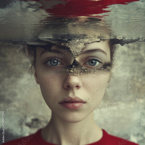 Surreal portrait of woman with cracked face merging with water