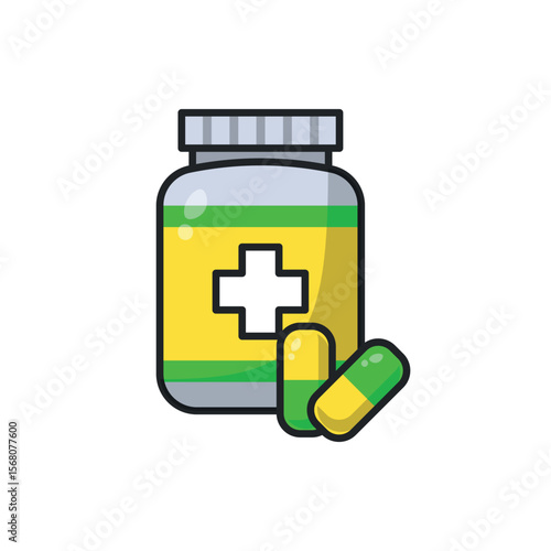 Illustration of medicine bottle and capsules suitable for healthcare, pharmacy, medical websites, or health promotion.