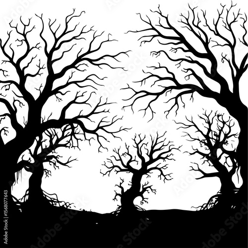Spooky Bare Trees Silhouette in Haunted Forest, Eerie Woodland Scene with Gnarled Branches and Fog, 
Halloween Night: Dark Forest with Creepy Silhouettes.