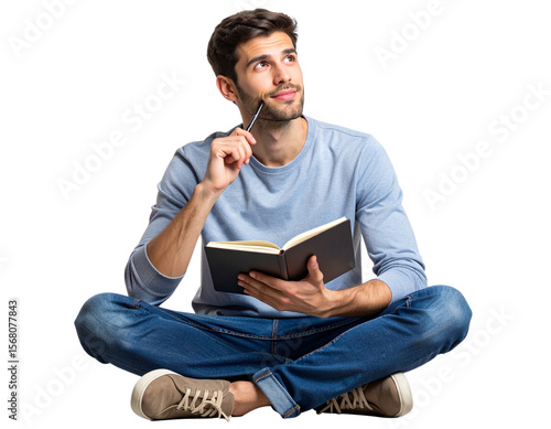  Young Man Sitting Cross-Legged with Thoughtful Expression, Notebook on Lap – Transparent PNG.