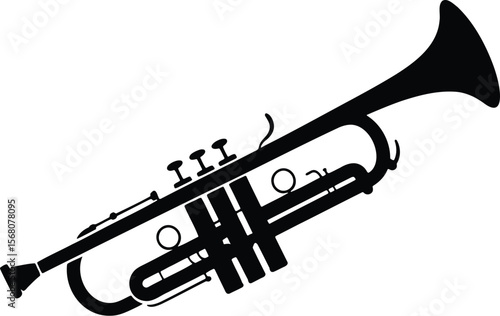 Black silhouette of a brass trumpet musical instrument isolated on transparent background silhouette