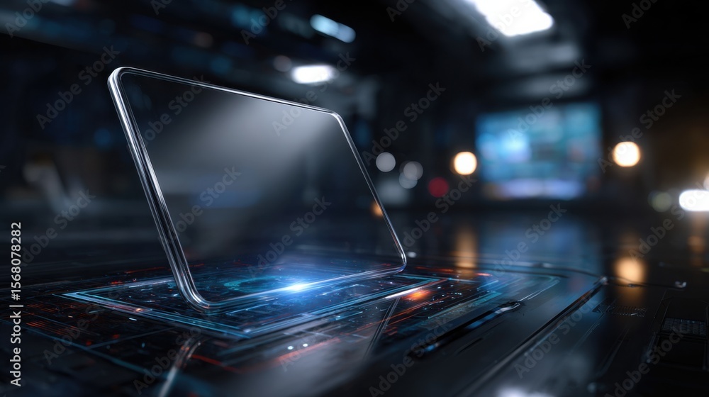 Obraz premium Futuristic device interaction in high-tech lab digital display sci-fi atmosphere close-up perspective