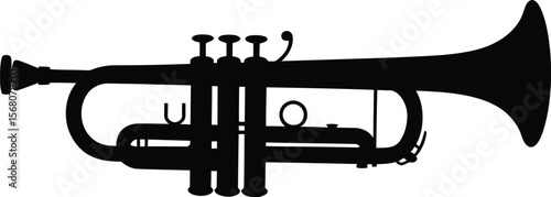 Black silhouette of a trumpet musical instrument isolated on transparent background