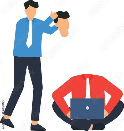 Business Concept Illustration of a headless person working on a laptop, symbolizing lack of focus, productivity, and digital distraction. Ideal for business, technology, and communication themes.