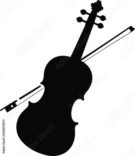 Black silhouette of a violin and bow isolated on transparent background
