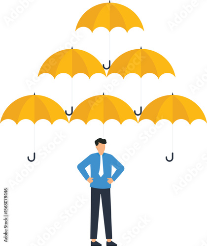 Business Protection Concept Illustration Businessman Under Umbrella Shield Insurance Coverage Risk Management Safety Security Financial Protection