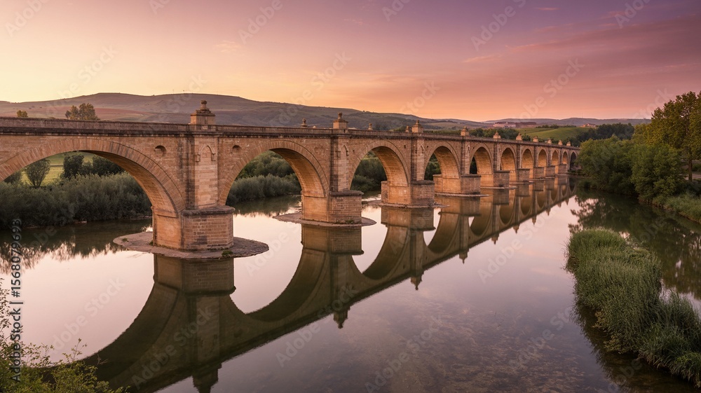 Fototapeta premium Reina. Ancient Arched Bridge Reflected in Calm River at Sunset, Spain