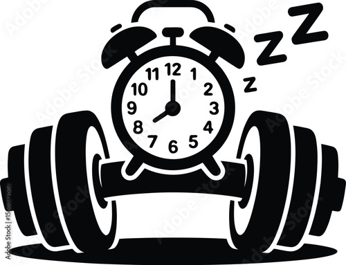 Alarm clock and dumbbell silhouette representing fitness and sleep balance isolated on transparent background