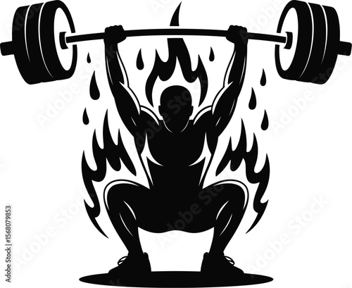 Muscular man performing a squat with a barbell silhouette isolated on transparent background
