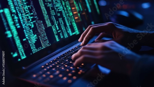 Close-up of hands typing on keyboard with code on screen – cybersecurity concept