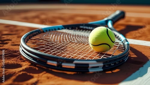 a close-up shot of a tennis racket and tennis ball on a clay court
