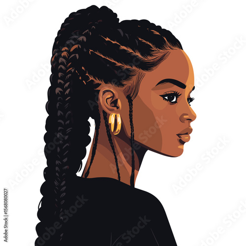 African woman with a half-up half-down style, braids and loose curls combo, modern fashion look vector illustration