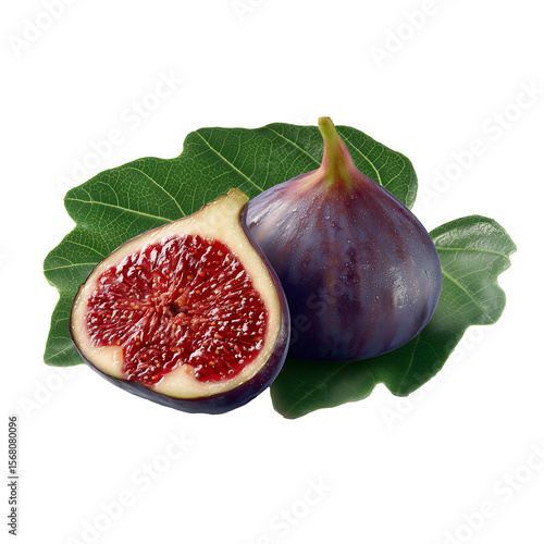 Fresh Figs on Green Leaves, Ripe Fig Cut in Half