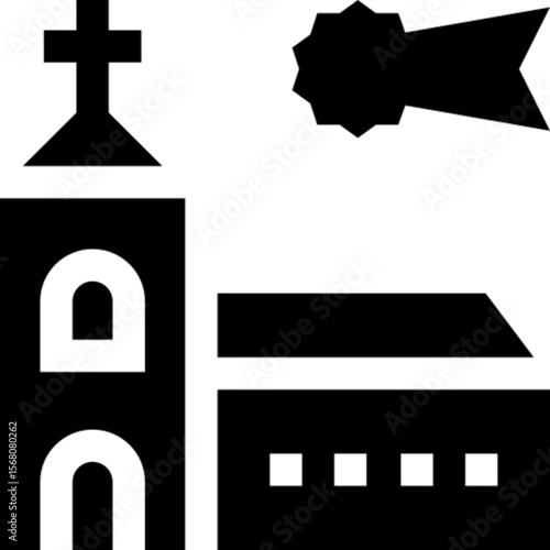 Flat vector icon of a midnight mass scene, symbolizing a traditional Christian celebration held on Christmas Eve. Designed in a clean, minimalist style, ideal for religious content, holiday events, ch