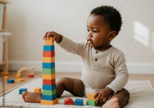 African American toddler playing with colorful wooden blocks in playroom